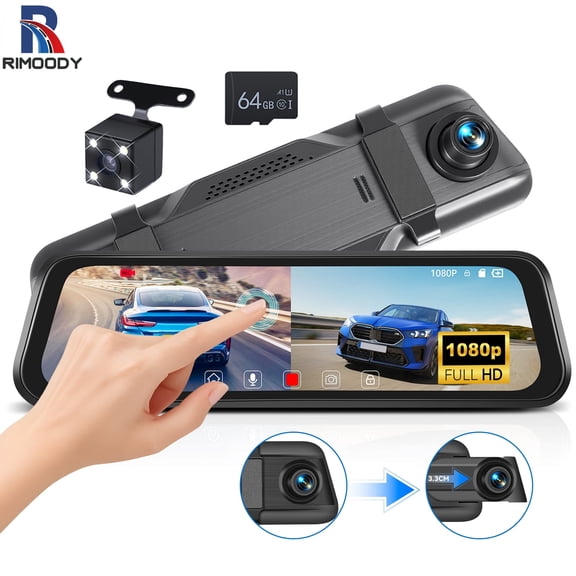 Rimoody 9.66" 1080P Touch Screen Dash Cam Mirror for Car Front and 480P Rear View Dual Cameras Night Vision Vehicles Parking Monitoring,with 64GB Card