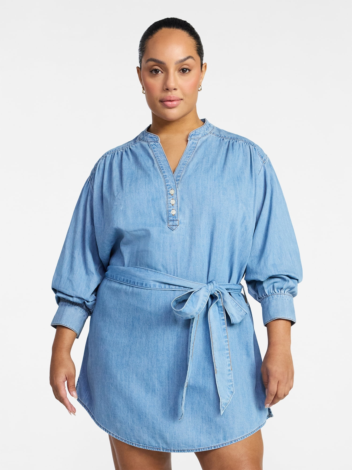Time and Tru Women's Belted Denim Mini Shirtdress with Long Sleeves, Sizes XS-XXXL