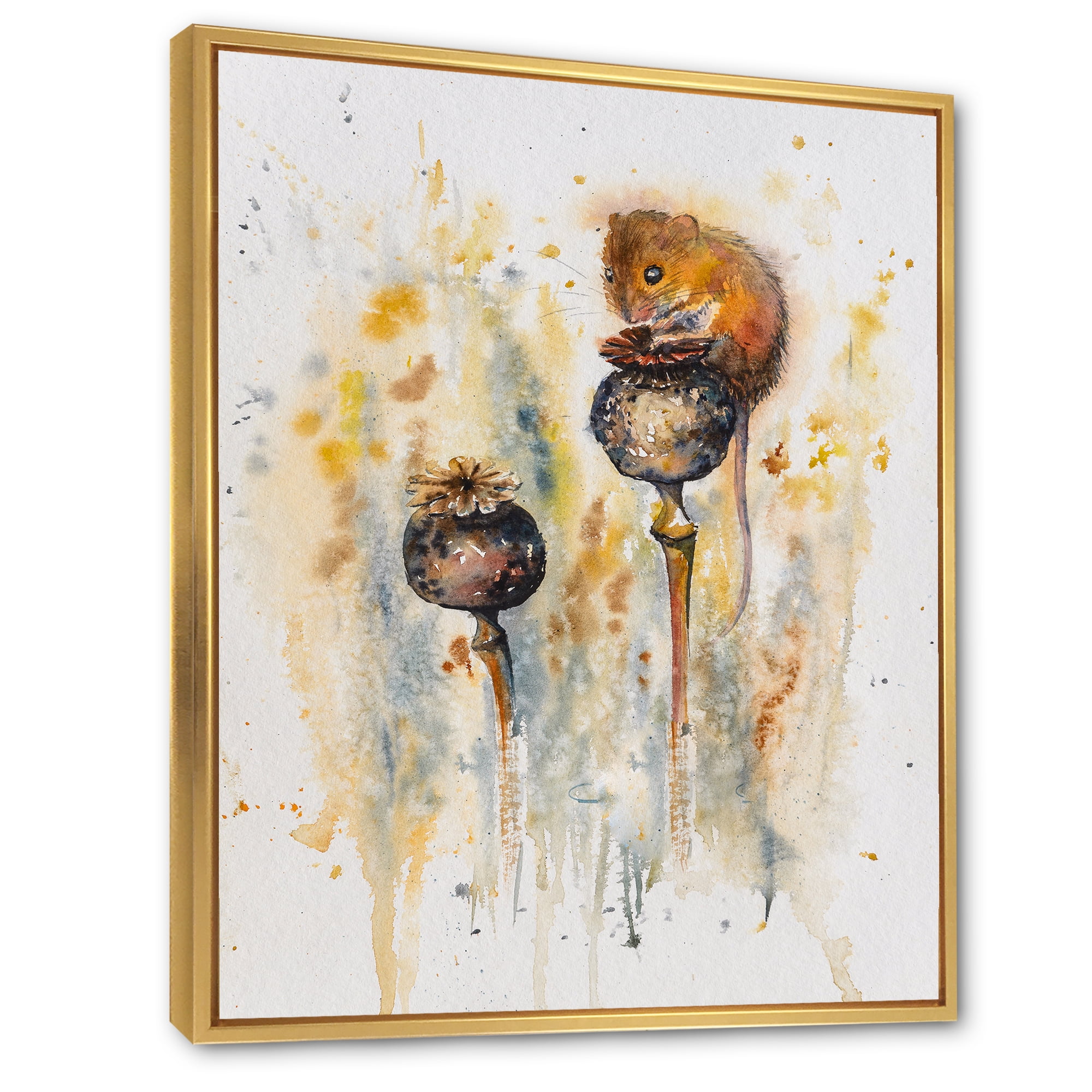 Designart 'Little Mouse Sitting On Poppies' Traditional Framed Canvas Wall Art Print