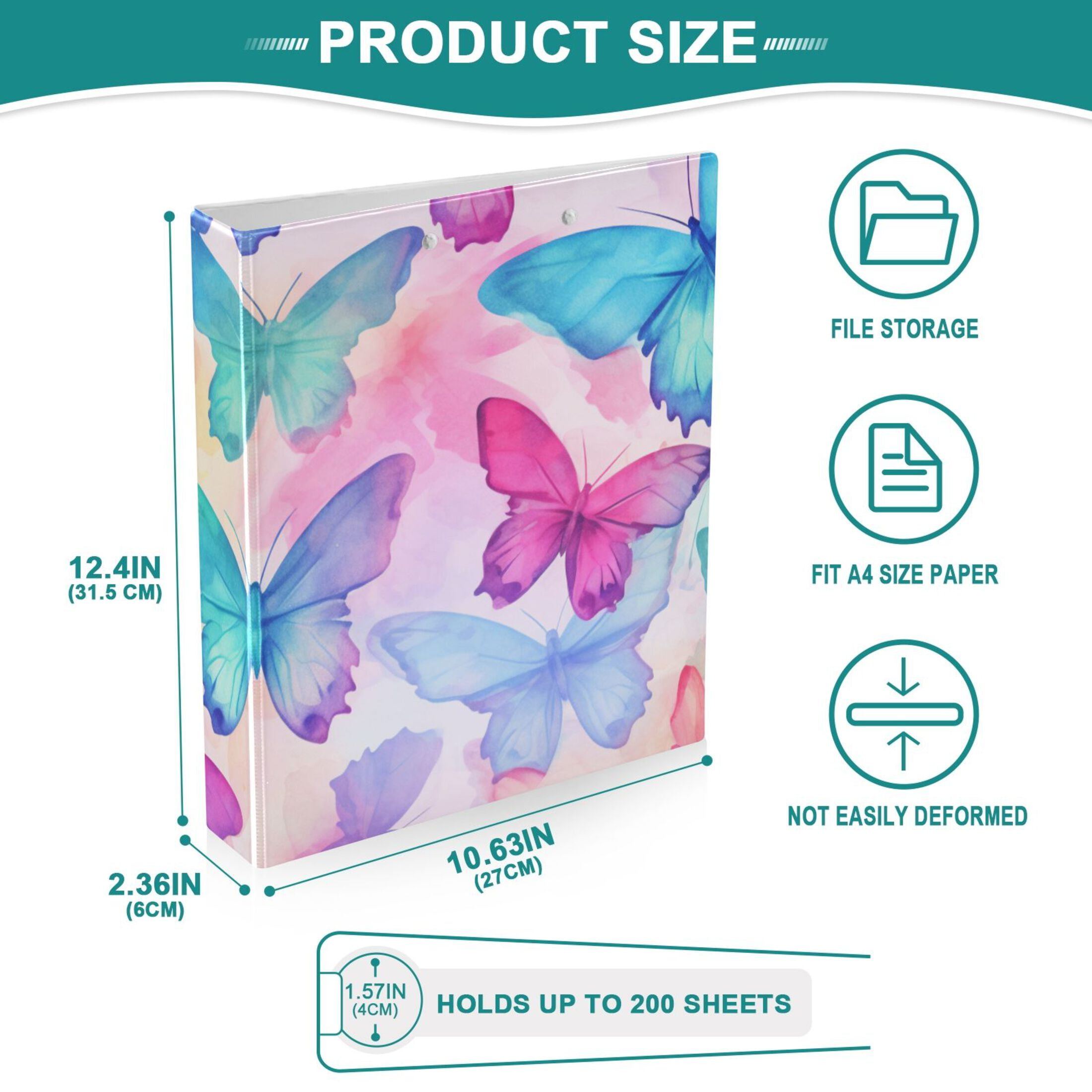 Gorgeous Butterfly 3 Ring Hardcover Binders 1.5" Round Rings for Letter-Size Folder Paper Organizer Pockets for Office Student Recipe 1 Pack