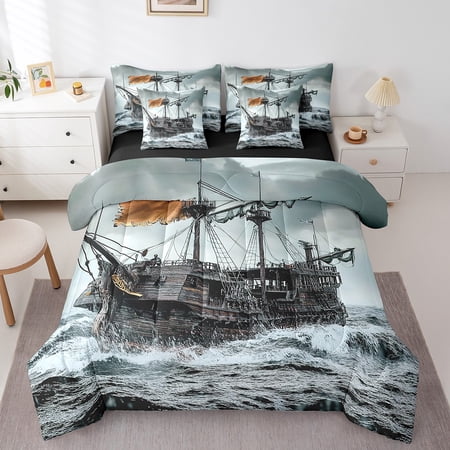 Erosebridal 3D Marine Ship Bed in a Bag Twin size, Sailing Nautical Bedding Twin Size, Ocean Wave Reversible Comforter Sets with Sheets, Breathable Bedroom Decoration, 7-Piece