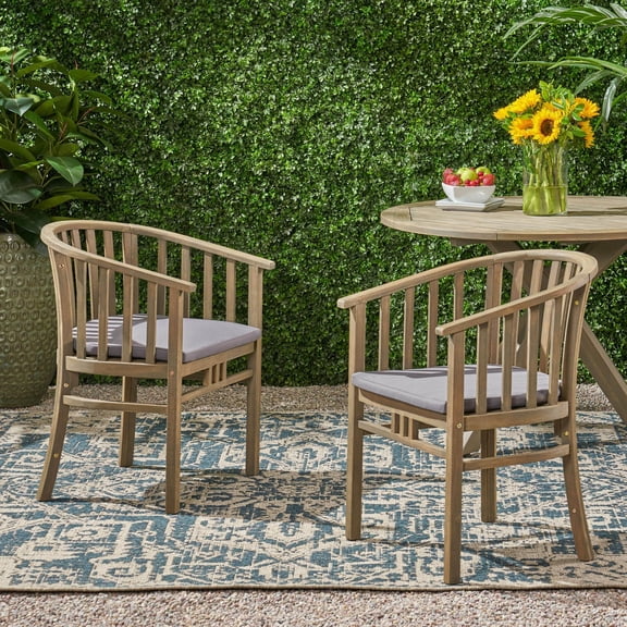 Outdoor Dining Chairs Set of 2, Acacia Wood with Water-Resistant Cushions, Dark Gray | Slat Back | Grey
