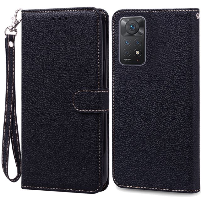 Note 11 Case For Xiaomi Redmi Note 11 11S Case Leather Wallet Flip Case For Redmi Note 11 Pro Phone Cases Note 11S Cover Fundas Black -Strap Note 11