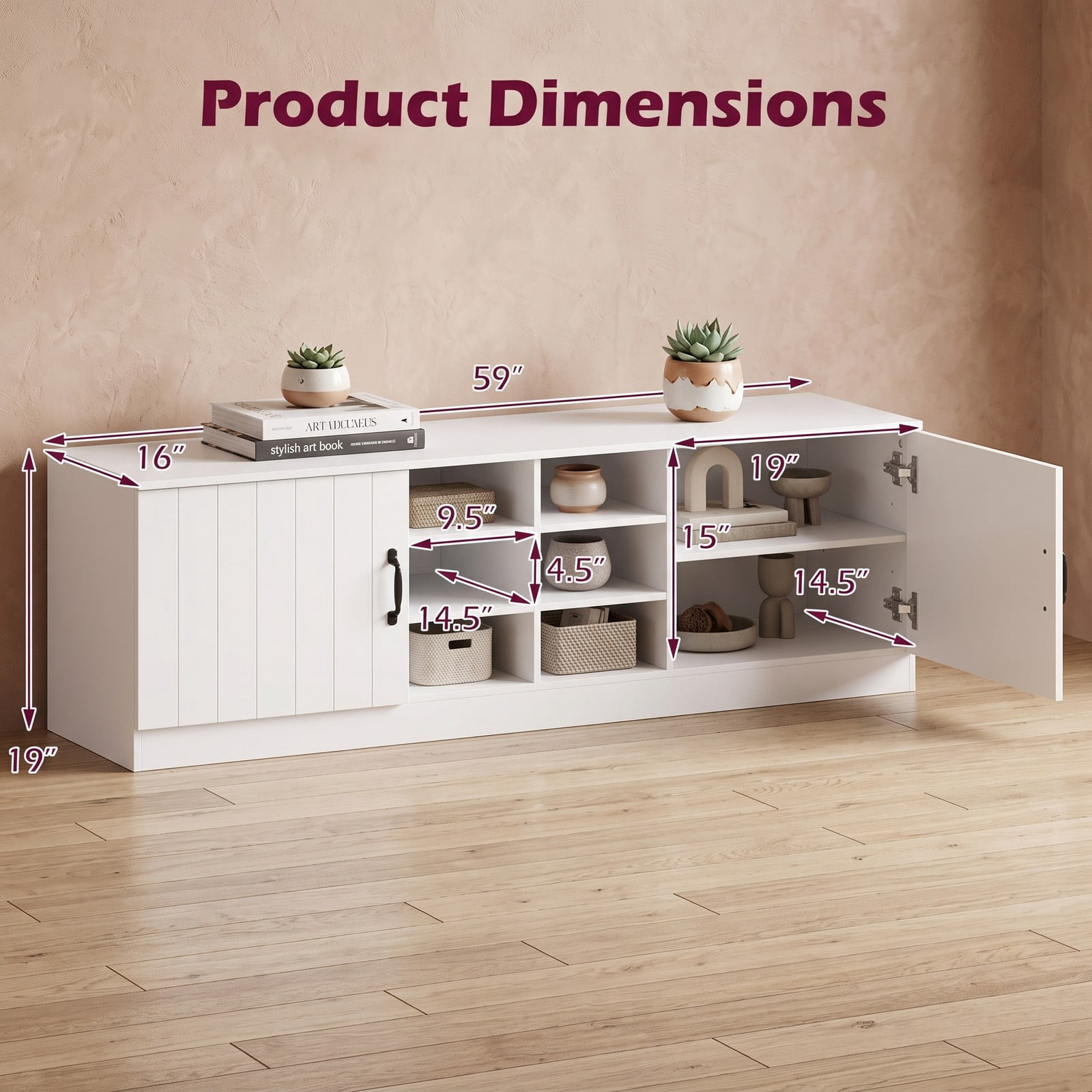 Furnibear 59 Inch 2-Door Shoe Bench Storage Cabinet with 6 Compartments and Adjustable Shelves for Entryway and Hallway, White