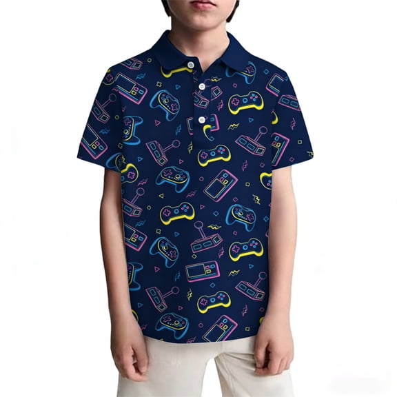 WAYUTE Boys Shirts Cool Graphic Print Lapel Short Sleeve Polo Shirt with Pockets for Kids Youth Lightweight Casual Outdoor
