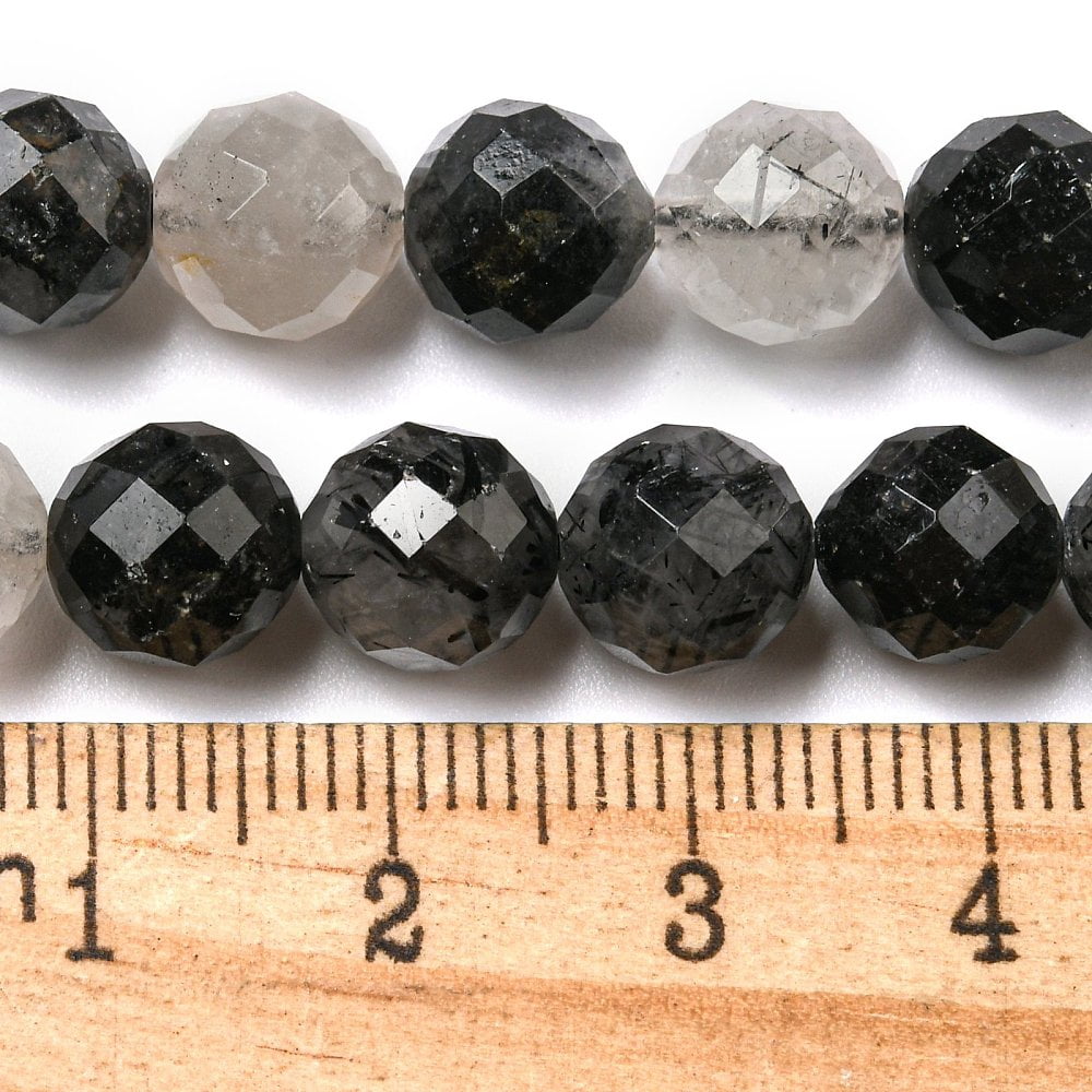 Natural Tourmalinated Quartz/Black Rutilated Quartz Beads Strands Faceted Round 8mm Hole: 0.8mm about 45~47pcs/strand 15''(38.1cm)