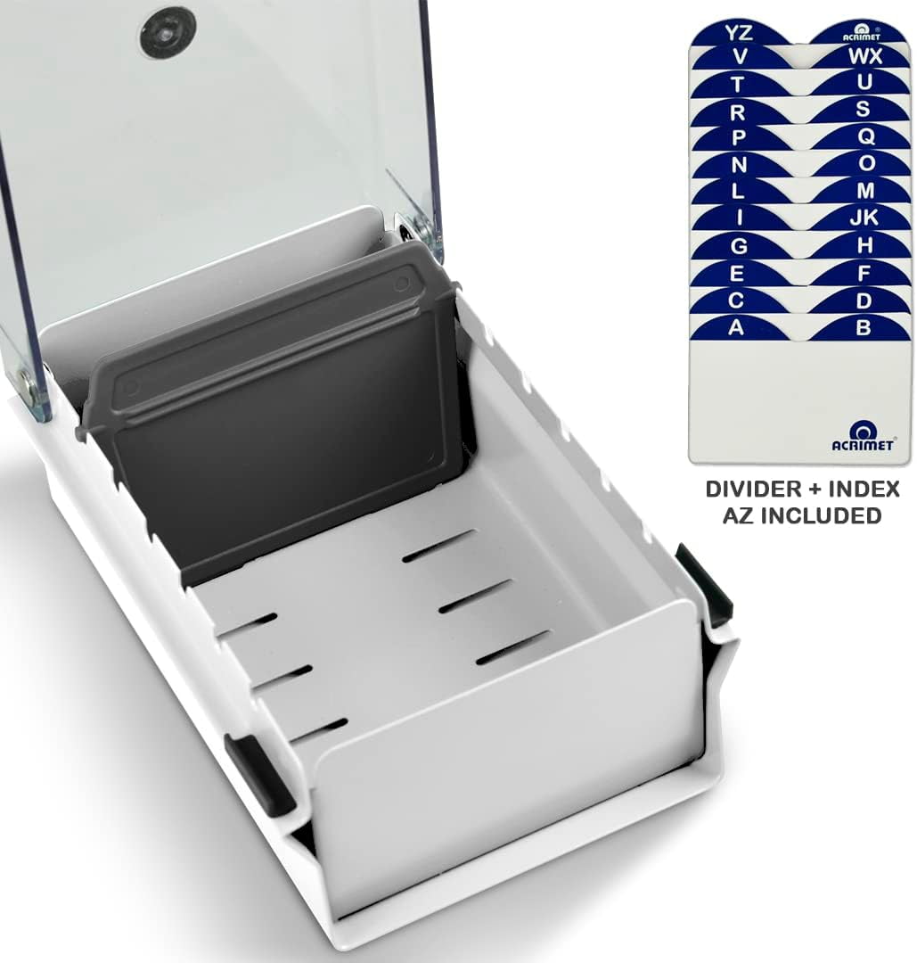 Acrimet Index Business Card Size File Holder Organizer Box Metal Base Heavy Duty (AZ Index Cards and Divider Included) (White Color with Clear Crystal Plastic Lid Cover)