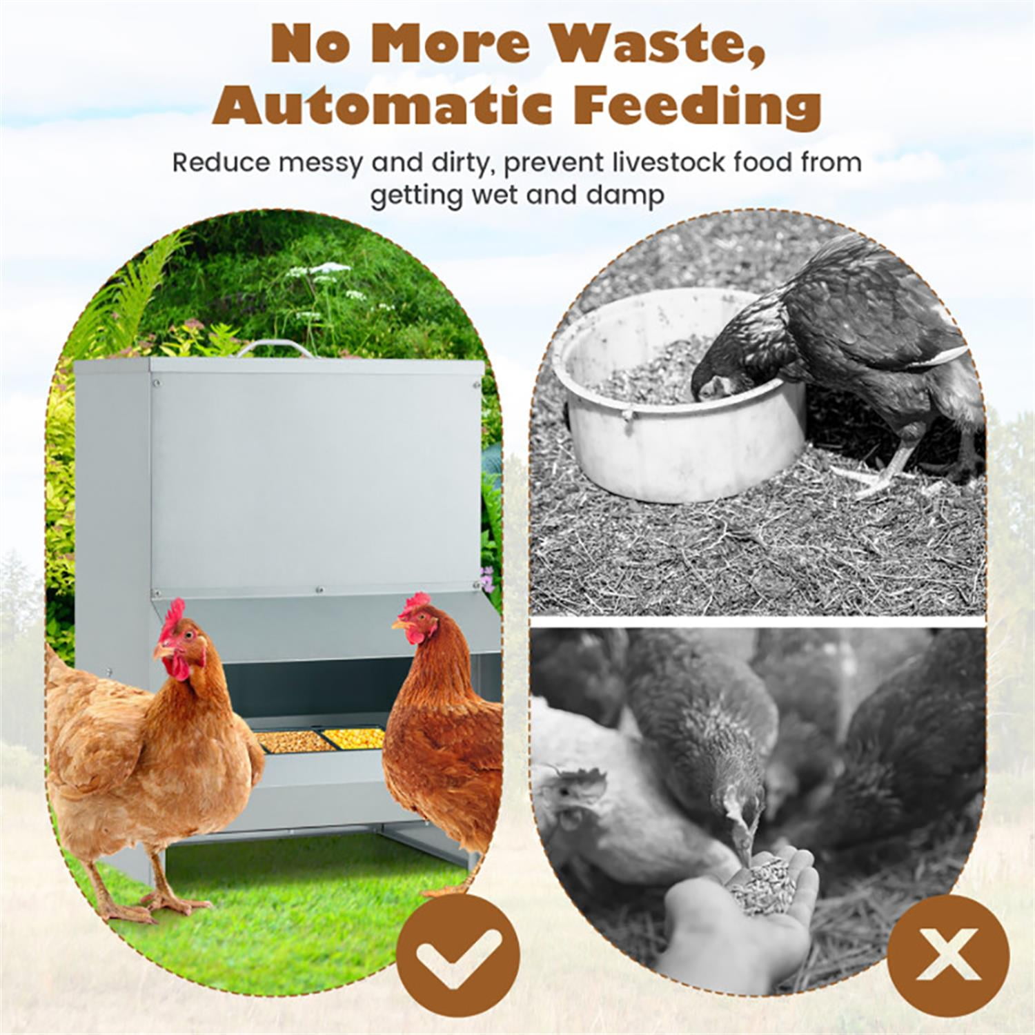 Kadyn Wall Galvanized Chicken Trough Feeder, Weatherproof Poultry Food Dispenser with Lid 50LB Capacity, Silver