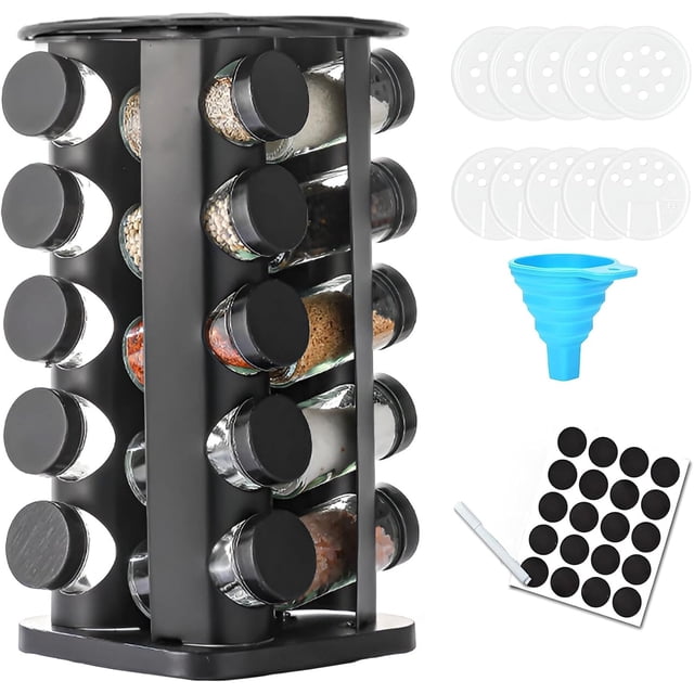 Especiero Giratorio 360º Bluelander con 20 Frascos de Vidrio, Organizador de Cocina, 5 Niveles, Negro