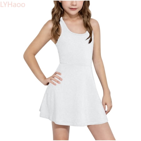 LYHaoo Girls Summer Casual Sleeveless Dress Solid Color Slim Fit Tennis Dress For Kids Comfortable Stretchy Waistband Outdoor Play Dress，Little Girls Dresses Sizes 14-15 Years White