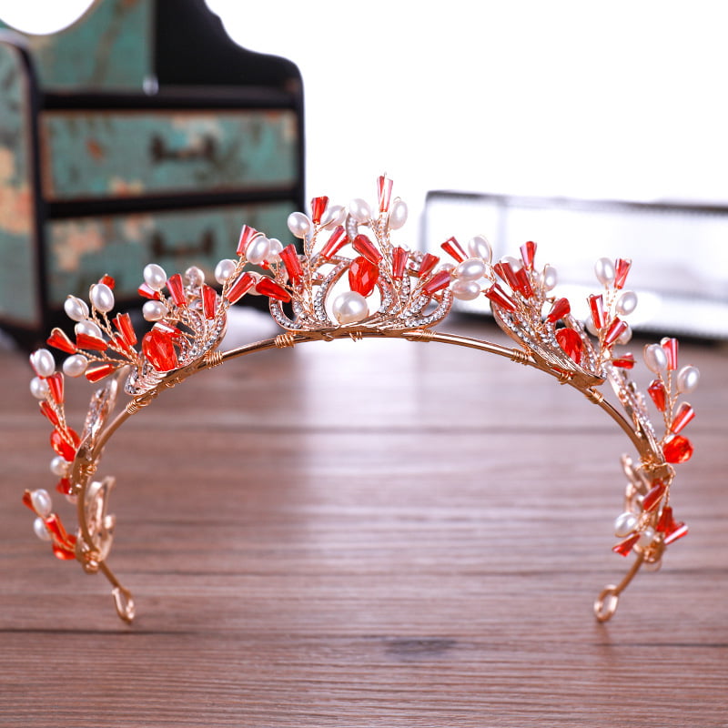 Vintage Wedding Bridal Queen Red Crystal Pearl Crown Tiara Headband Jewelry Gift 