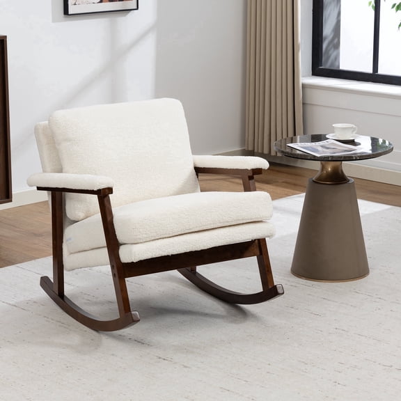 FUNECORP Rocking Accent Chair, Upholstered Rocking Chair with Solid Wood Frame, Comfy Modern Armchair for Living Room, White