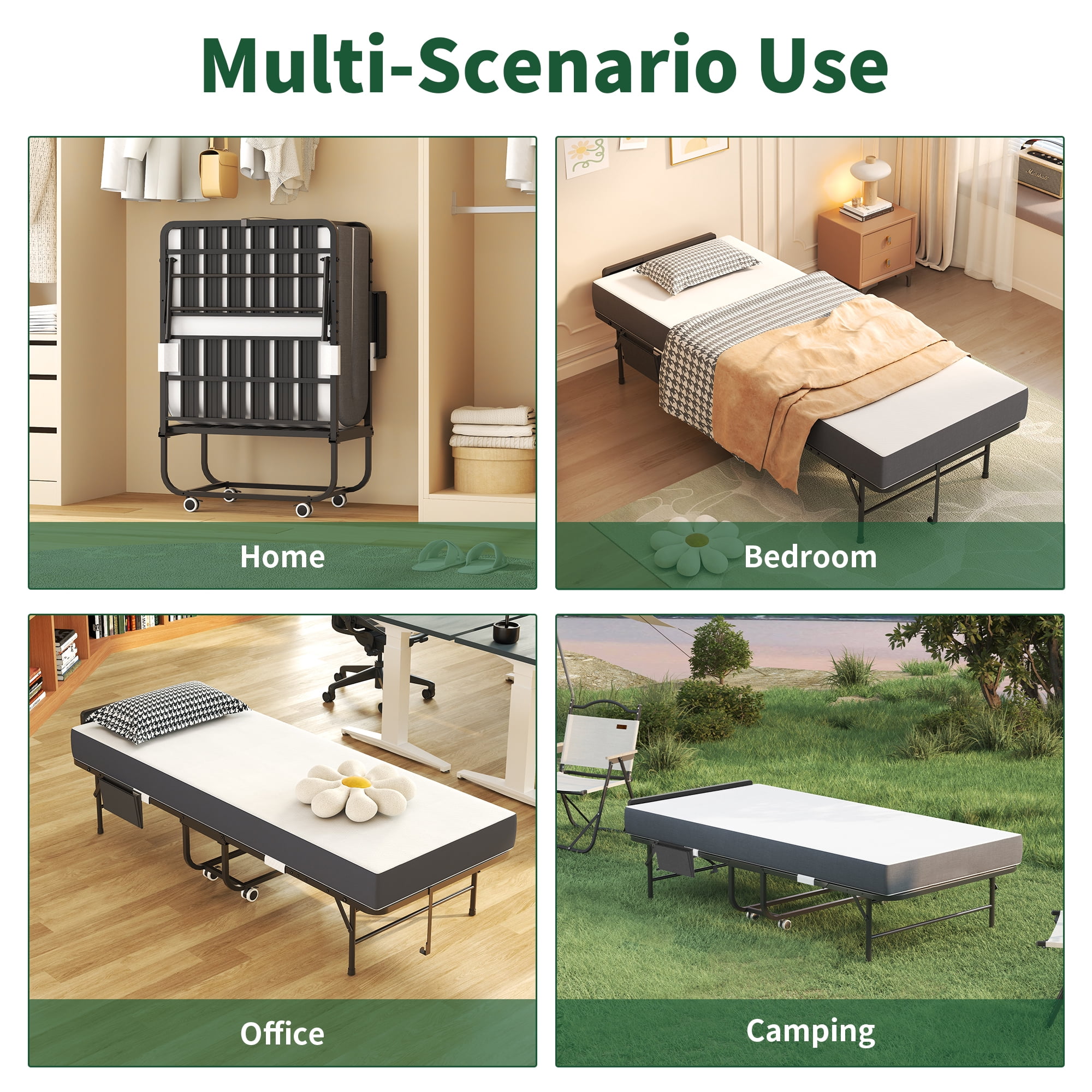 HOQBN 75"x31" Folding Bed with Adjustable Headboard & 5" Memory Foam,Twin Size Portable Foldable Bed with Wheels,Easy Assembly