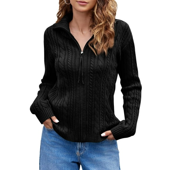 Long Sleeve Women Vintage Cable Knit Cardigan Zip Up Collared Sweater Coat