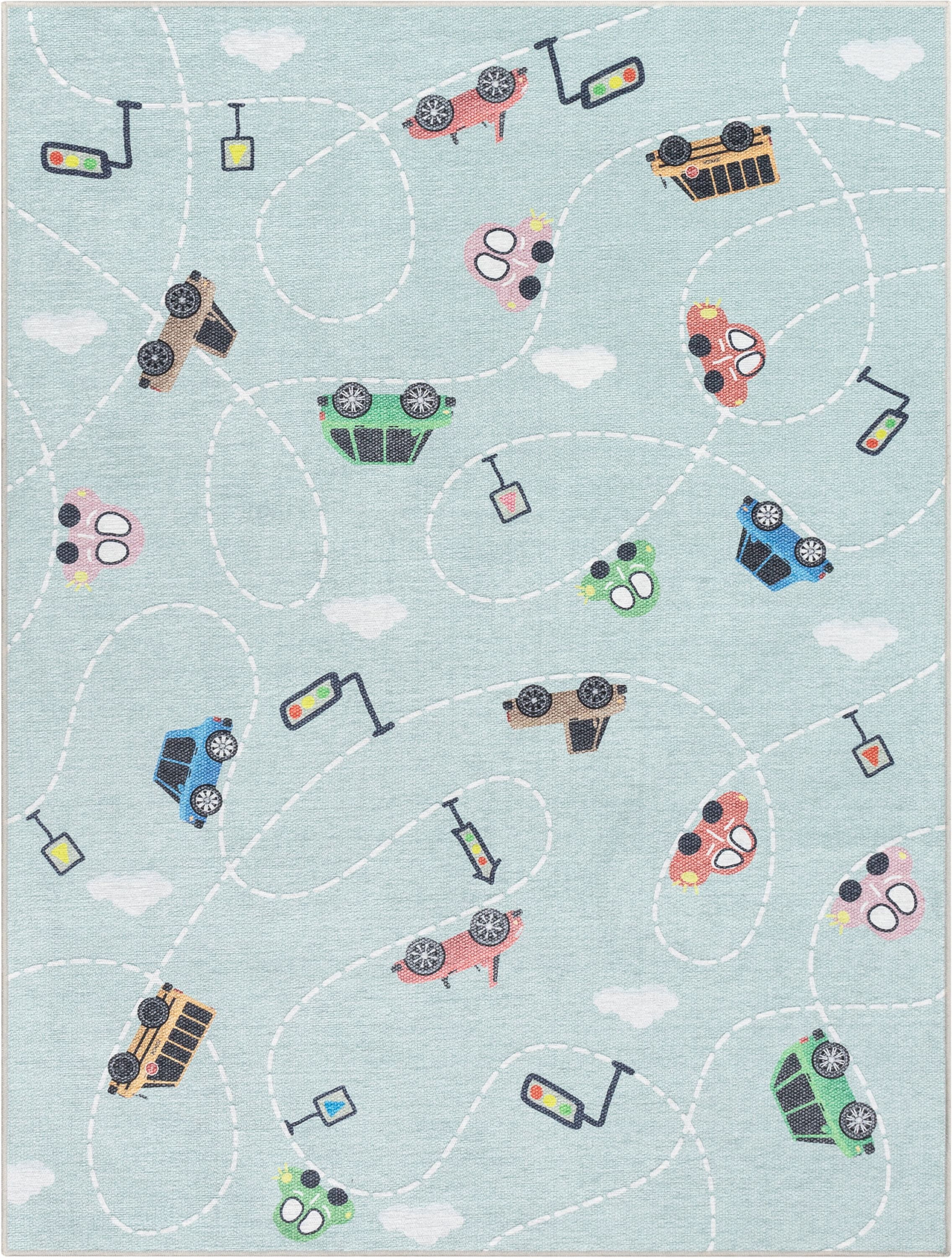 Well Woven Kids Rugs Traffic Modern Green Printed Distressed Machine Washable 5' x 7' Area Rug