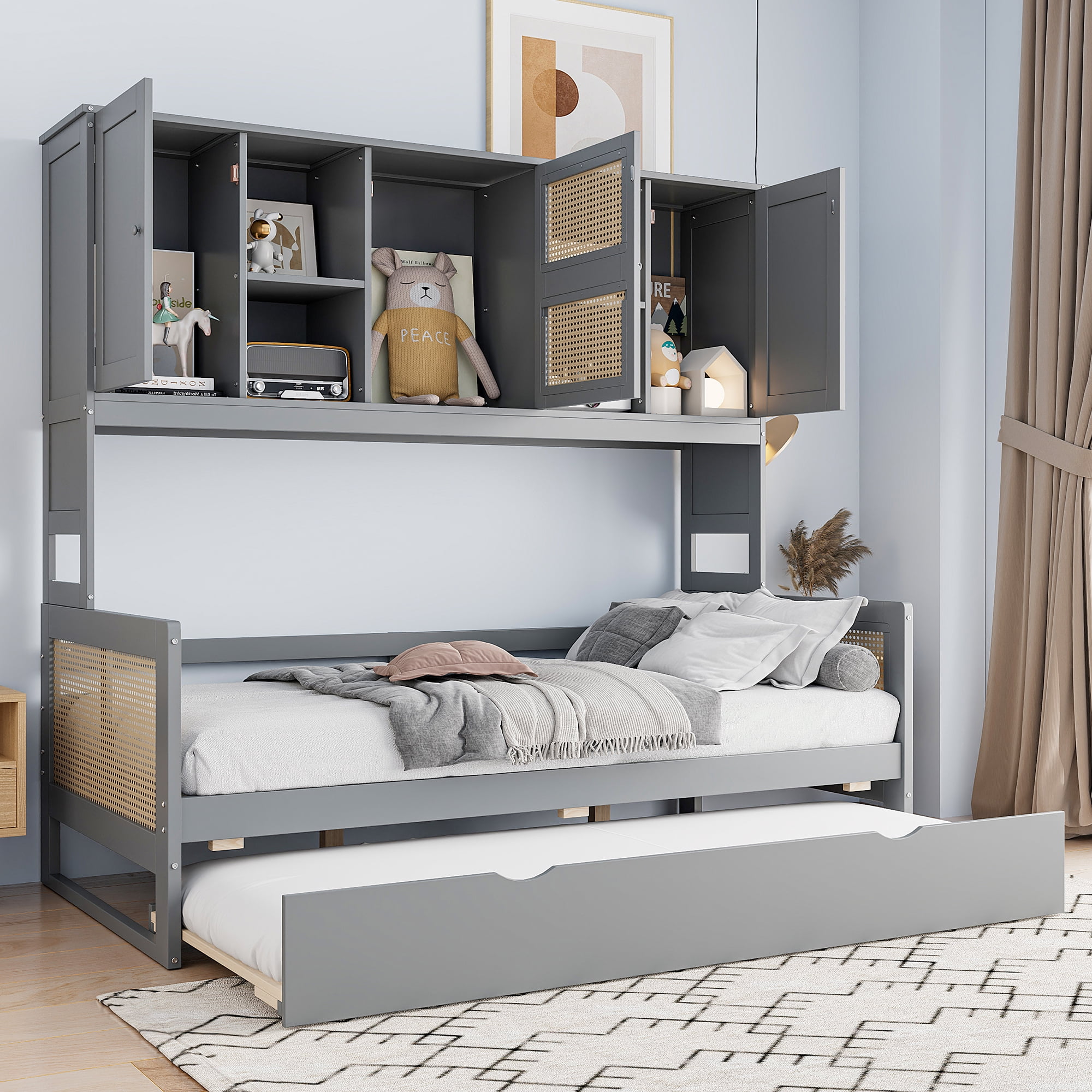 Euroco Wood Twin Size Platform Bed with Trundle, Captain Bed with Cabinets and Shelves, Gray