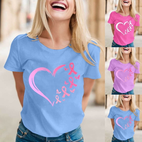 Shirts For Women Tees Tops Breast Cancer Awareness Casual Short Sleeve Inspirational Pink Ribbon Print Dressy Clothes Blue