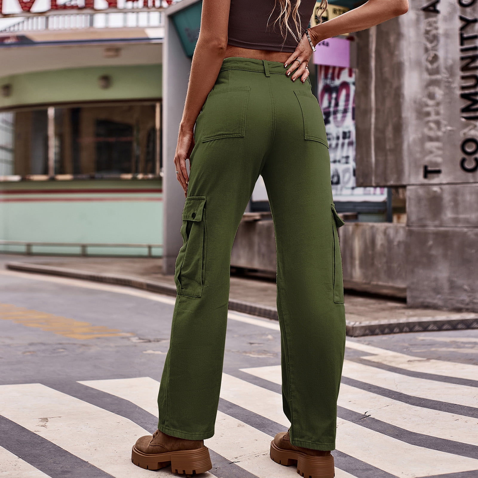 SELONE Cargo Pants Women High Waist With Pockets Denim Casual Long Pant  Straight Leg Solid Pants Hippie Punk Trousers Jogger Loose Overalls s for  Everyday Wear Running Work Casual Event Army Green