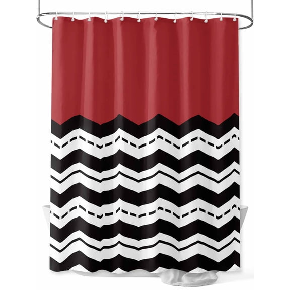 Shower Curtain Waterproof for Bathroom 72x84 Inch, Red Black Waves Bath Curtain for Bath Stalls and Tub Chevron Stripe Decorative Shower Curtains with Hooks