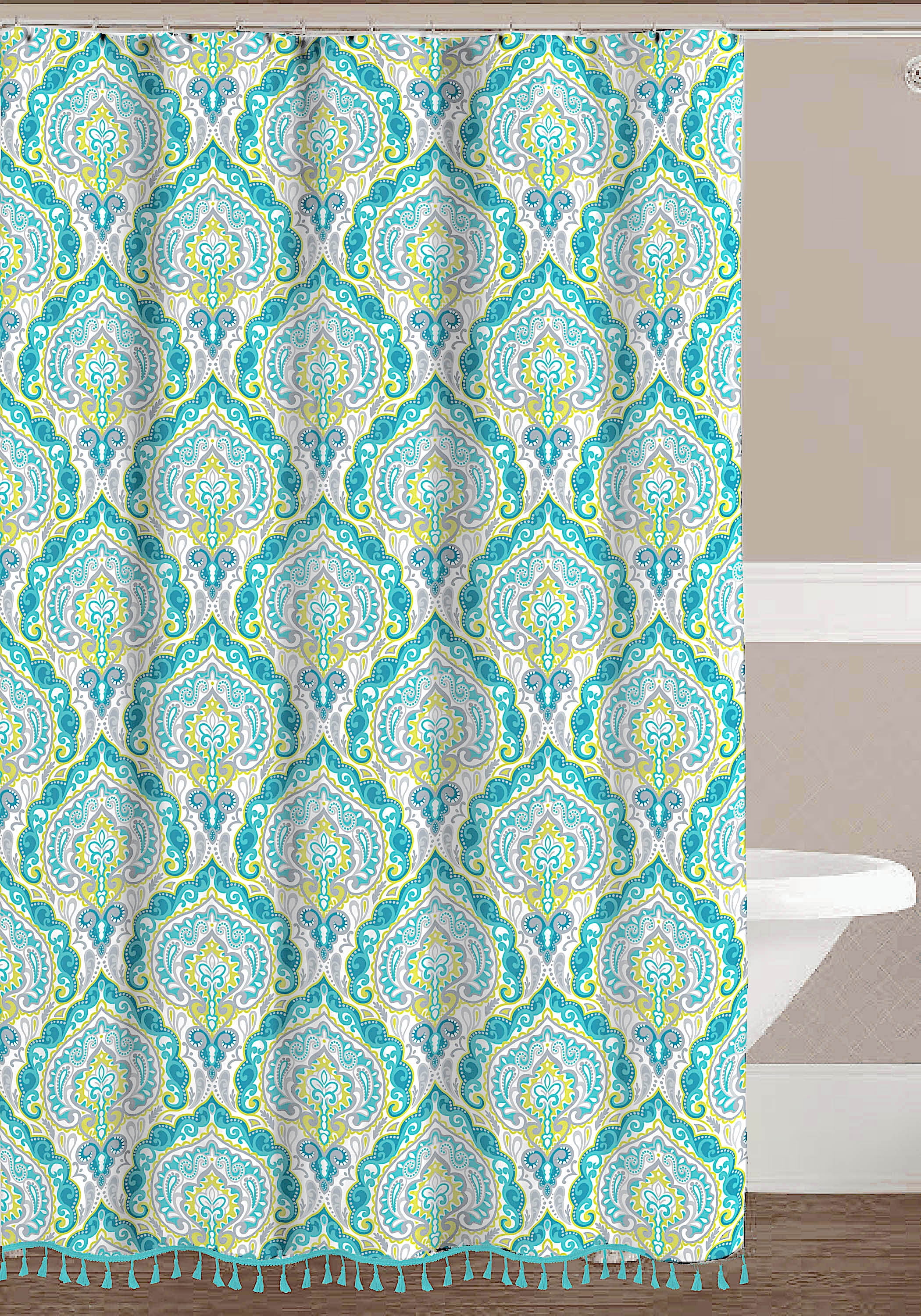 Teal Gray Yellow Damask Shower Curtain for Bathroom with Fringe on