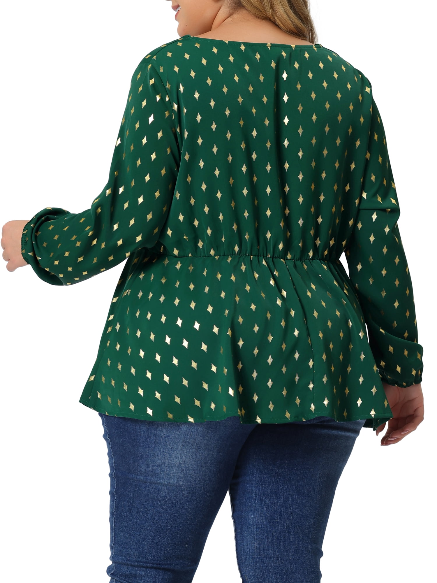 Women's Plus Long Sleeve V Neck Peplum Top Ruffled Elastic Waist Blouse 1X Dark Green