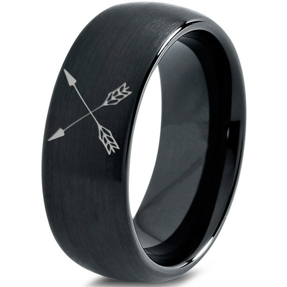 Tungsten Archery Bow Arrows Crossed Band Ring 8mm Men Women Comfort Fit Black Dome Brushed Polished