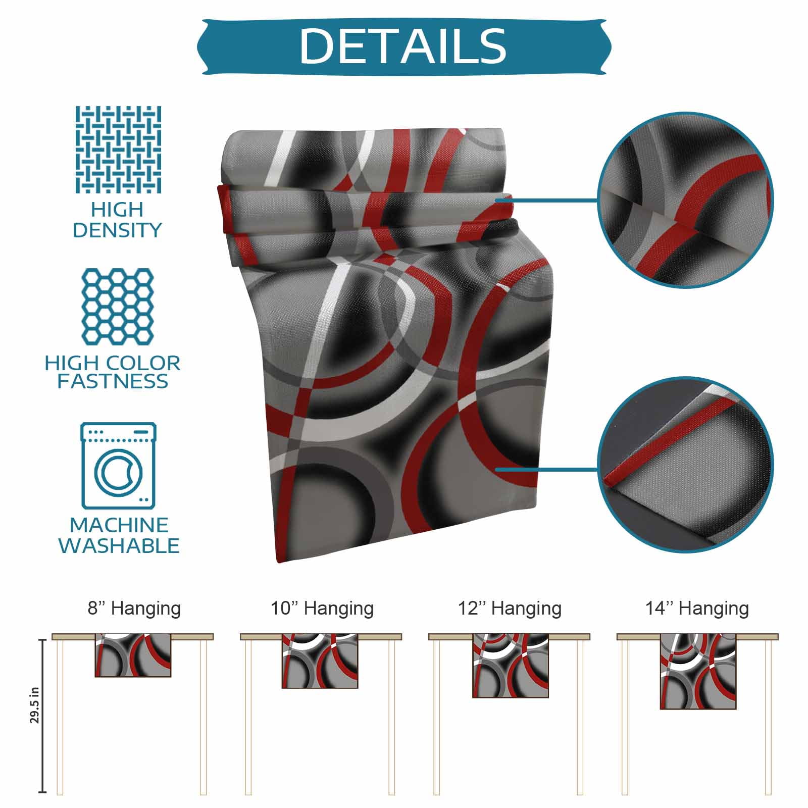 Grey Geometric Table Runner 72 Inches, Modern Abstract Black White Red Striped Bed Runner Dresser Scarves Tabletop for Indoor Outdoor Parties/Ceremony/Banquet, 16" x 72"