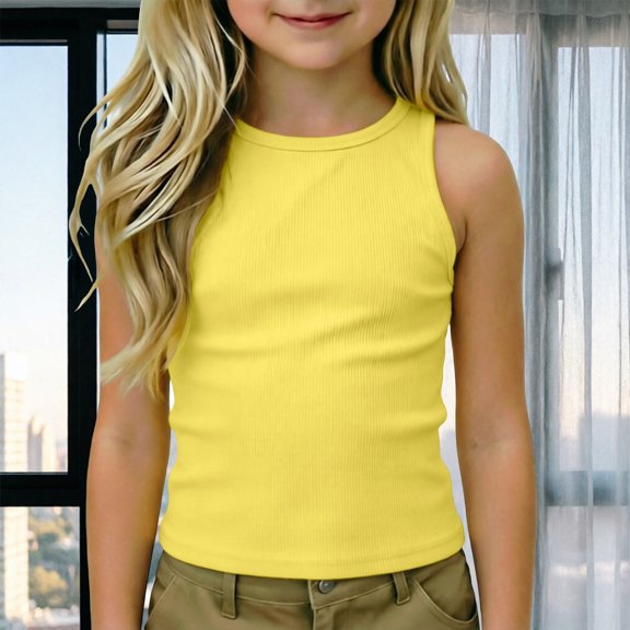 YaEYa Girls Ribbed Tank Top Fitted Sleeveless Racerback Athletic Workout Top Summer Exercise Yoga Gym Shirts Fits for Kids 4-14 Years
