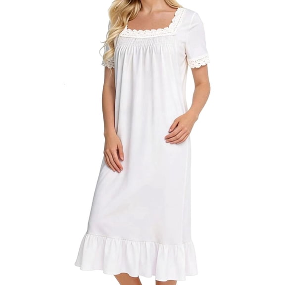ZELVINN Cotton Blend Nightgown for Women Square Neck Lace Trim Short Sleeve Midi‑Length Ruffle Hem Sleep Dress Soft Loose Loungewear