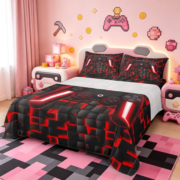 Manfei Neon Gamepad Twin Sheet Sets,Modern Geometric Plaid Twin Fitted Sheet,Red Black Flat Sheet For Boys Kids,Super Cozy Bedroom Decor,3 Pieces
