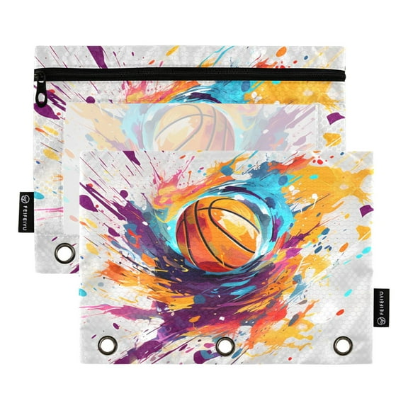 2 Pack Pencil Pouch for 3 Ring Binder Zipper Pencil Case Basketball Abstract Clear Window Pencil Bag Organizers