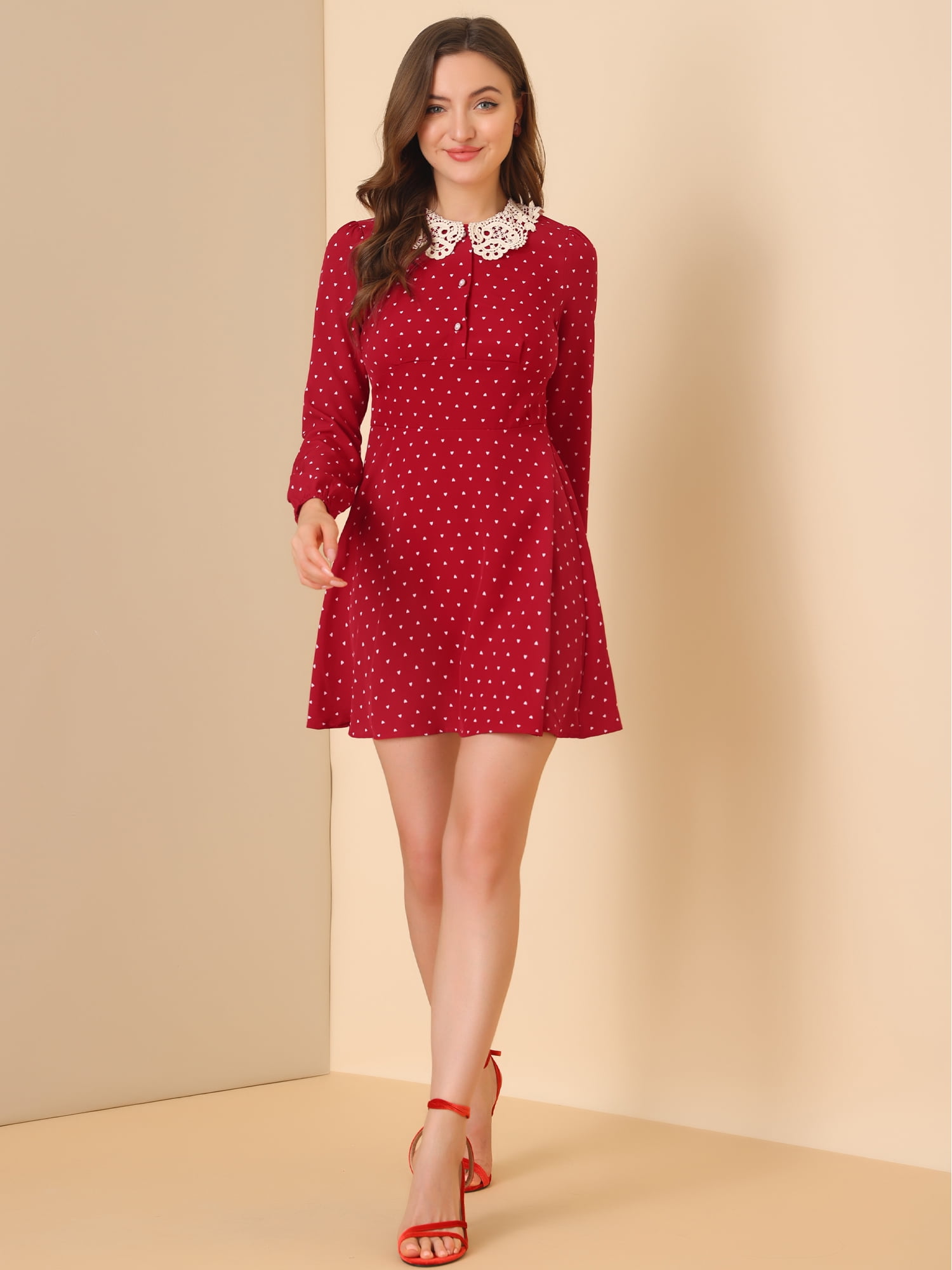 Unique Bargains Women's Peter Pan Collar Long Sleeve Heart Print Mini Dress M Burgundy