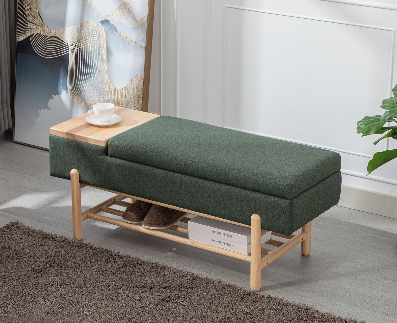 Guyou Storage Bench Linen End of Bed Ottoman Bench with Wooden Shoe