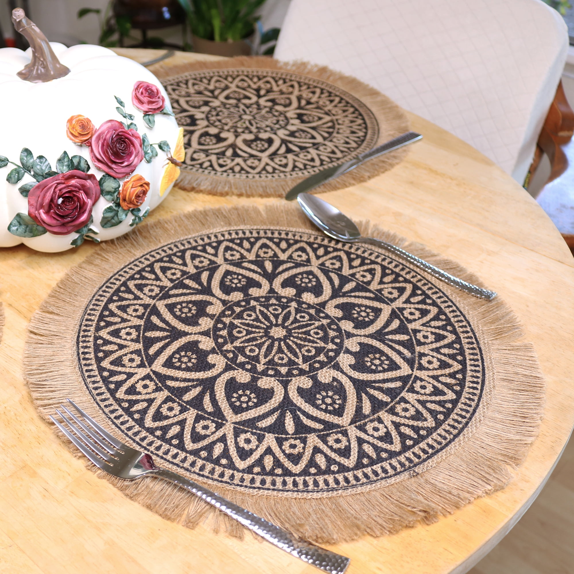 Artsy Crafts Set of 8 Black Mandala Flower Round Placemats, 15" Circle