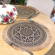Artsy Crafts Set of 8 Black Mandala Flower Round Placemats, 15" Circle Burlap Placemats with Jute Tassels, Mandala Boho Farmhouse Wall Décor Jute Table Mats