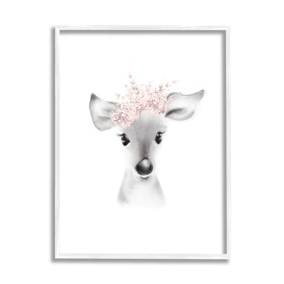 Stupell Industries Cottage Sketched Fluffy Deer Flowers White Framed Giclee Art, 16 x 20, by Studio Q