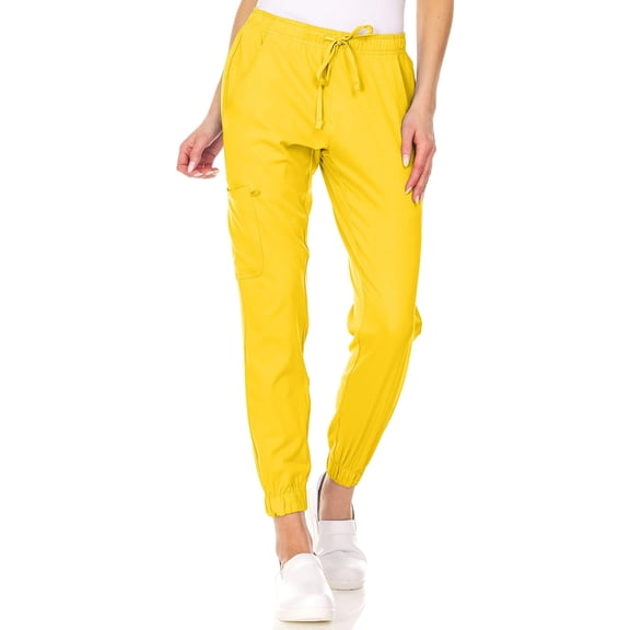 MediChic Womens Scrub Joggers 4-Way Stretch Anti-Wrinkle Moisture-Wicking Elastic Waistband Four Pocket Jogger Pants, Yellow Size X-Large