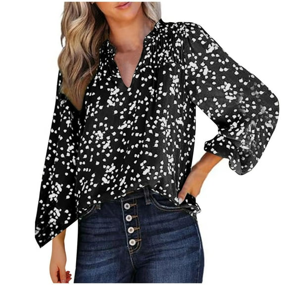 Perfectbot Womens Fashion Blouses Printed V Neck Ruched Tops Casual Puff Long Sleeve Loose Shirts