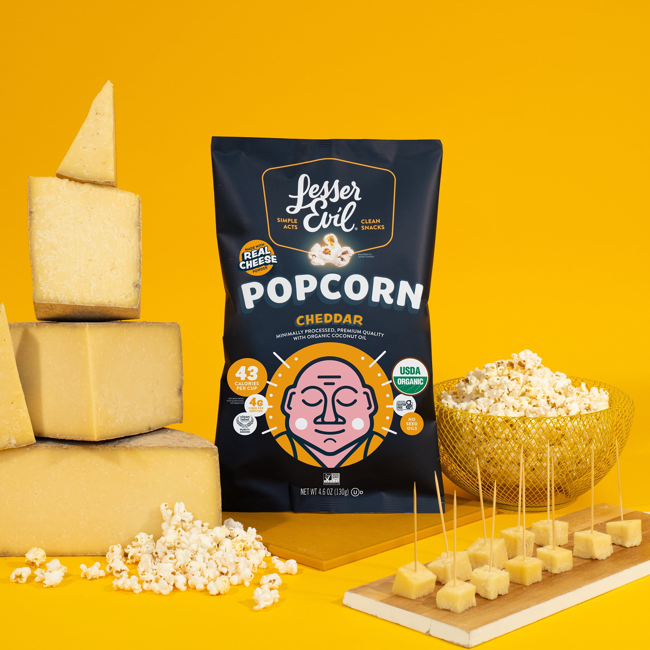 (6 pack) LesserEvil, Organic Popcorn, Non-GMO, Real Organic Cheddar - 4.6oz