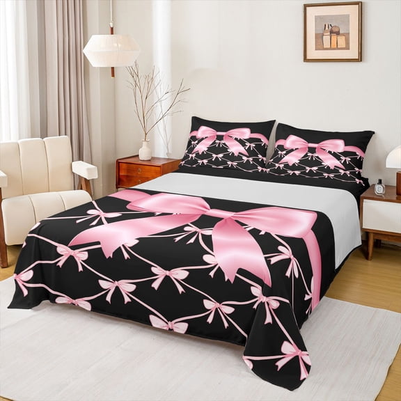 jejeloiu Pink Black Twin Sheet Sets,Cartoon Bowknot Bowtie Bedding For Girl 3-Piece