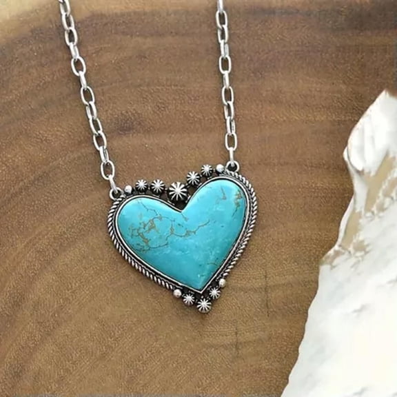 HOOUN Vintage Turquoises Heart Pendant Necklace Bohemia Jewelry Women's Necklace Gifts-heart turquoise necklace