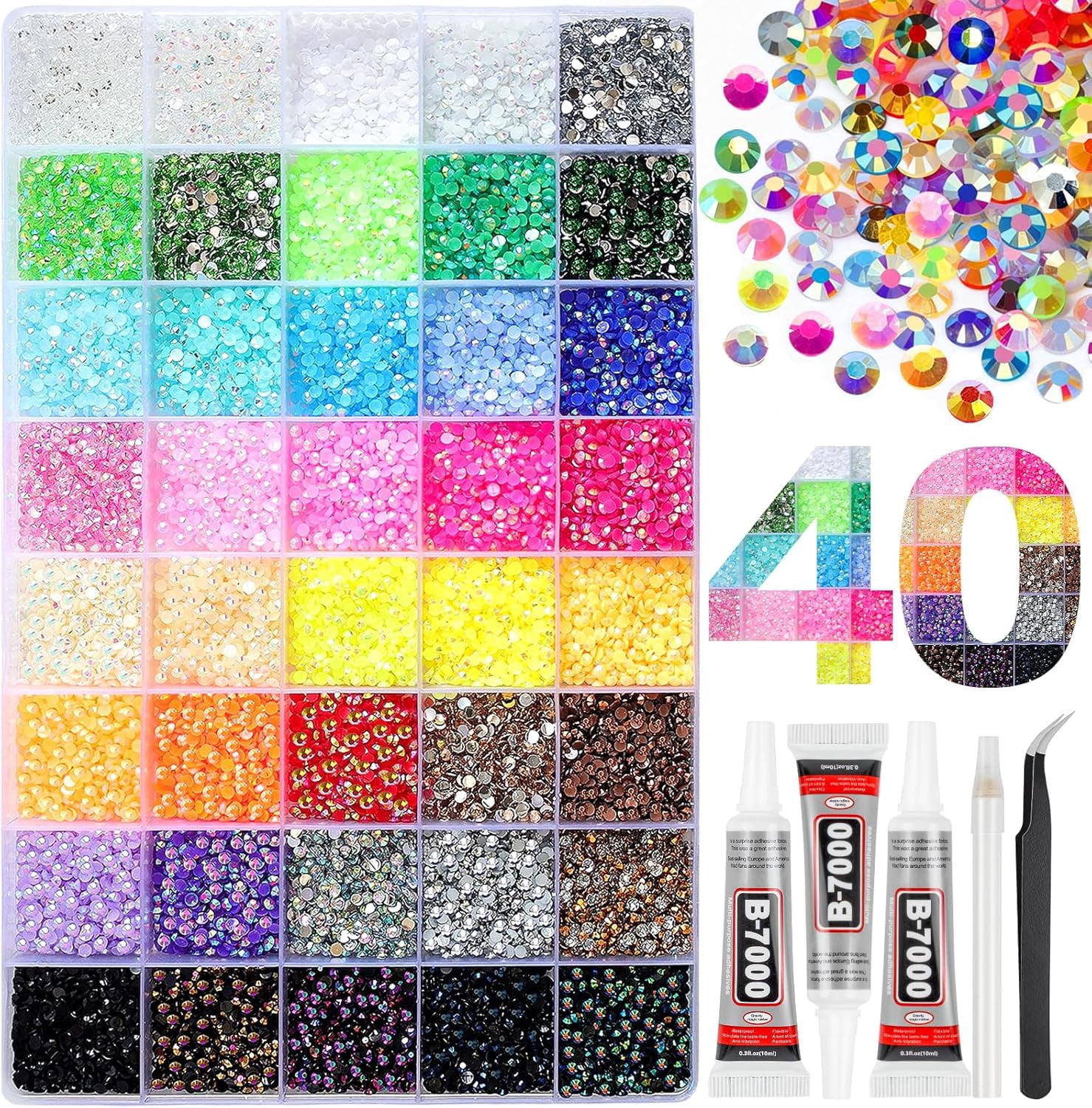 32000Pcs 40 Colors Resin Jelly Rhinestones for Bedazzling, 3mm Multicolor Flatback Gems for Crafting, Bedazzler Kit with 3Pcs 10ml B7000 Glue for Clothes Book Shoes Nails Art Makeup