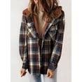 thumbnail image 4 of Women'S Plaid Jacket Long Sleeve Button Down Fleece Hooded Jackets Warm Coat Brown Checkered S, 4 of 7