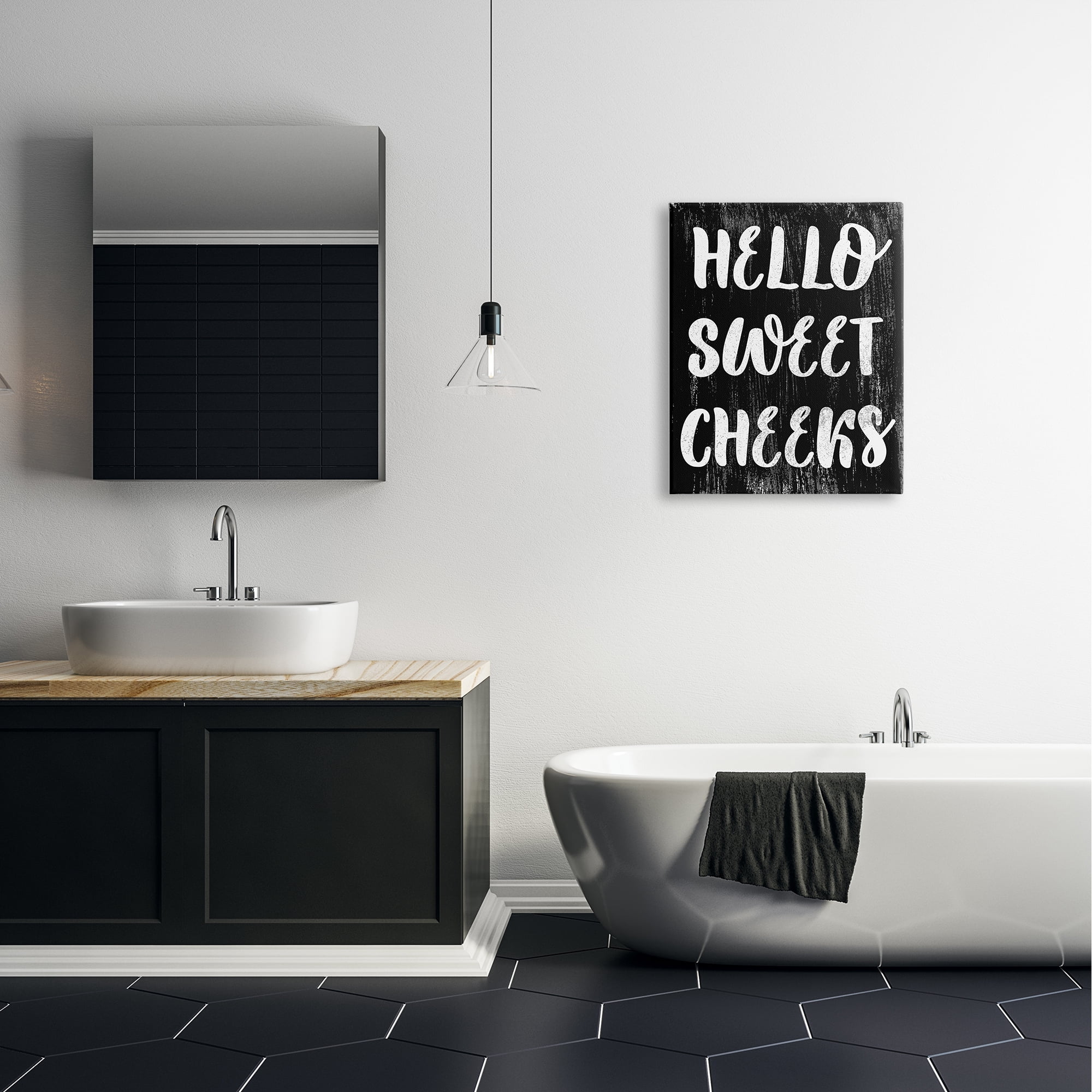 The Stupell Home Decor Collection Black and White Distressed Textured Hello Sweet Cheeks Canvas Wall Art