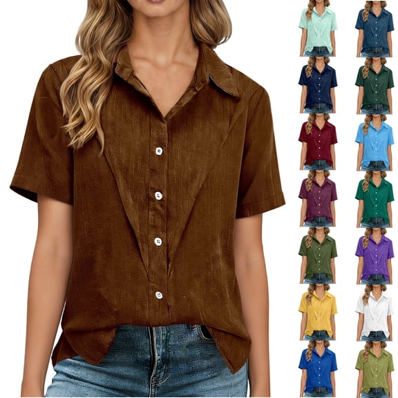 Fiaer Dressy Casual Linen Shirts for Women Spring Button down Short Sleeve Work Blouse Trendy Plus Size Collared Business Tunic Tops Yellow XL