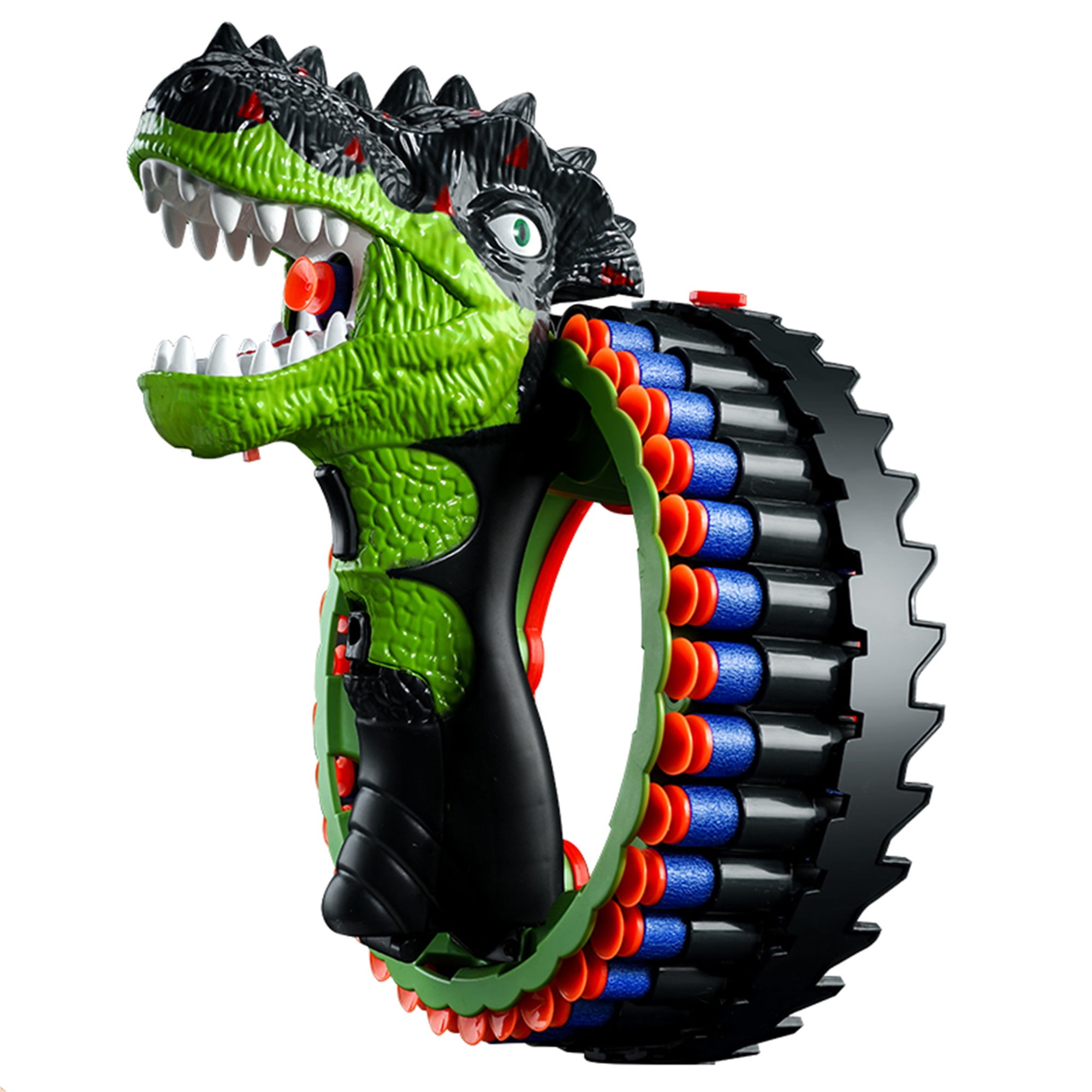Dinosaur Shooting Game Gun Toy with 34 Soft EVA Dart Bullets Dino Rotating Blaster Wristband Rechargeable Bracelet for Kids, Teens, Adults (Green)