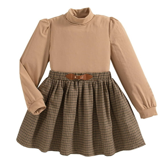 KIMI BEAR 8 Years Big Girls Skirt Set 9 Years Kid Outfits Winter Puff Long Sleeves Solid Color Knitted Top Plaid Pleated Skirts 2pcs Outwear Clothing Apricot