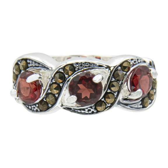 Genuine Red Garnet and Marcasite Statement Ring, Size 8