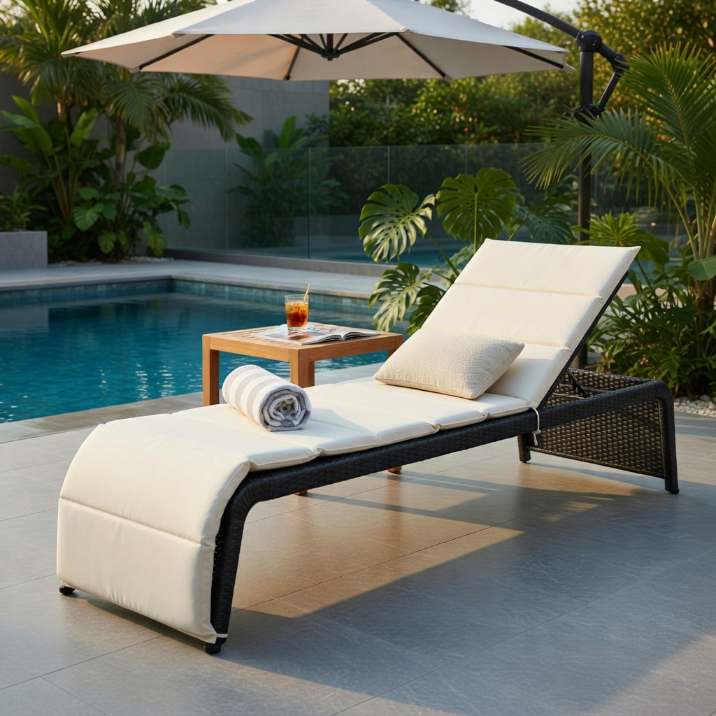 Hommoo Adjustable Outdoor Rattan Chaise Lounge Chair with Thick Cushion, PE Wicker Recliner for Patio, Pool, Balcony & Garden, White
