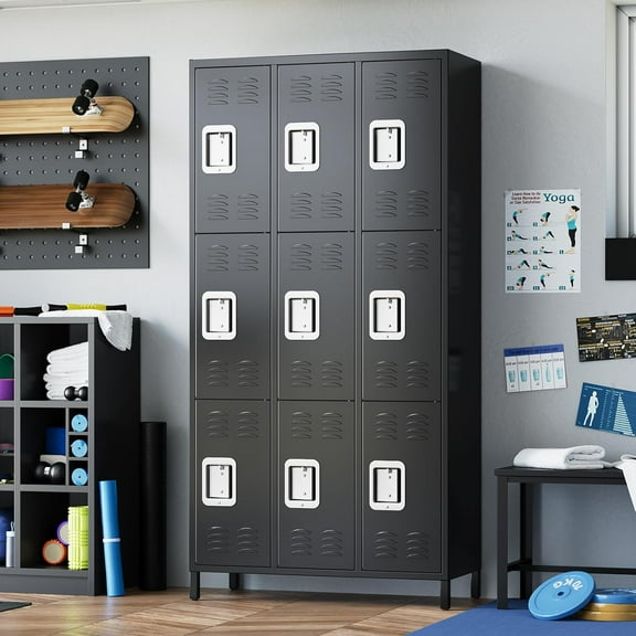 Acekid Metal Storage Locker - 9-Door Steel Locker Cabinet for School, Office & Industrial Use (Black)